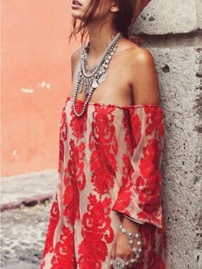For Love & Lemons Red Embroidered Long-Sleeve Dress